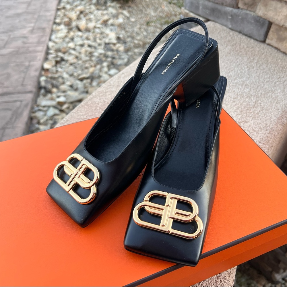 Balenciaga Black Leather Slingback Mules with Gold BB Emblem